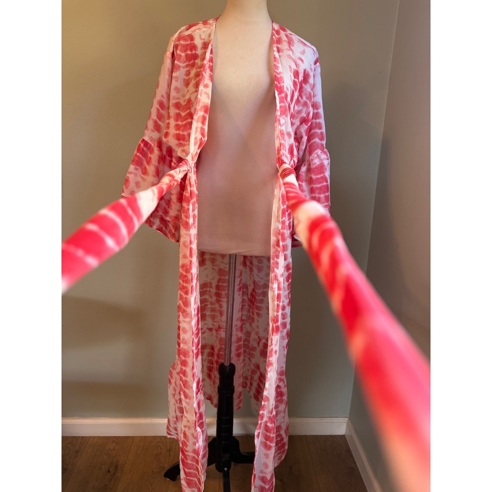 Pink White Tie Dye Kimono Duster Ruffle maxi coverup sheer beach resort tiedye y - Picture 3 of 7